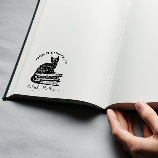 オリジナル手書きネーム、ライブラリー キャット ブック ラバースタンプ