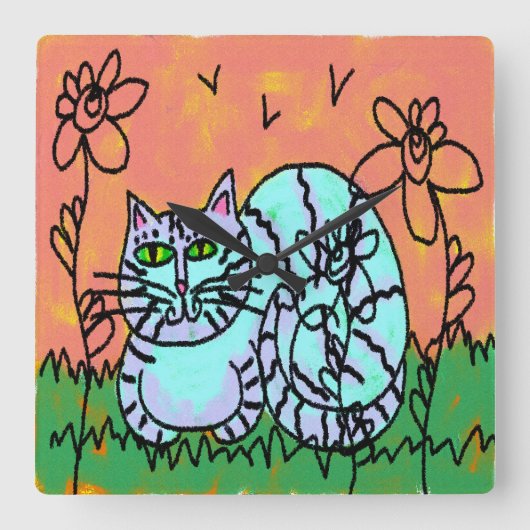オリジナル抽象芸術猫芸術 スクエア壁時計 (正面)