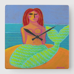 オリジナル抽象芸術絵画マーメイドの時計 スクエア壁時計