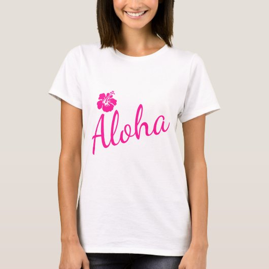 オリジナル文字デザインピンクALOHAと花 Tシャツ (正面)