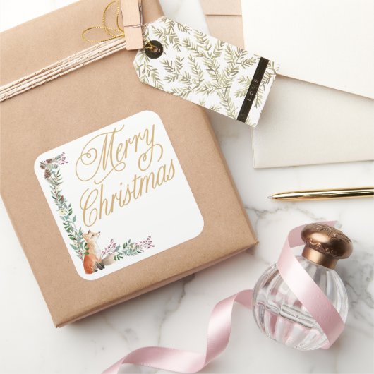 オリジナル植物イラスト キツネ 水彩 メリークリスマス スクエアシール (ギフト)