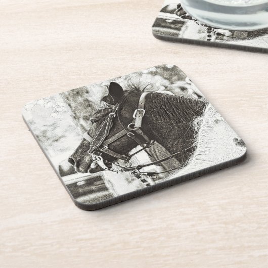 オリジナル様式化された白黒グラフィックアートホース コースター (左側)