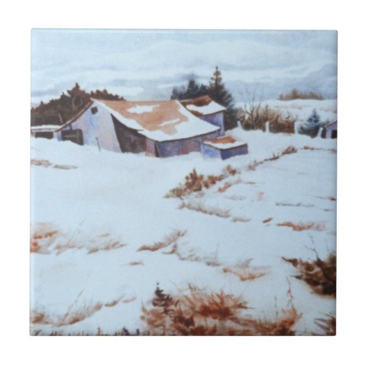 オリジナル水の色の冬の納屋の風景タイル タイル (正面)