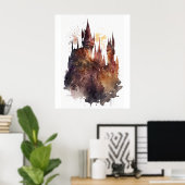 オリジナル水彩城のアートワーク ポスター (ホームオフィス)