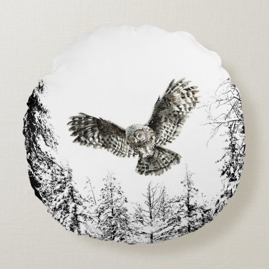 オリジナル水彩打球又は狩りフクロウ鳥 ラウンドクッション (正面)