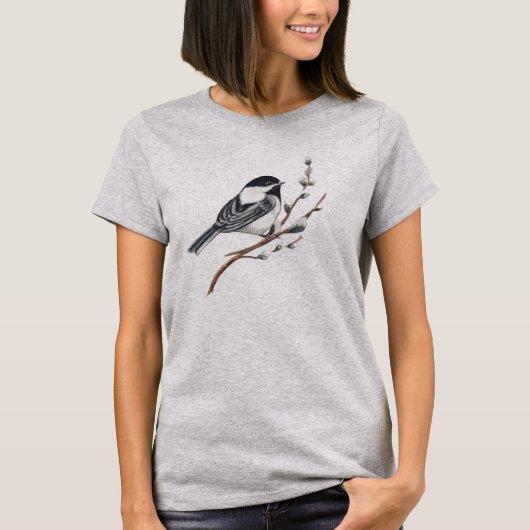 オリジナル水彩画 シロエリコガシラとネコヤナギ Tシャツ (正面)