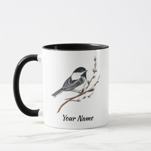 オリジナル水彩画 ネコヤナギとコガラ マグカップ (左)
