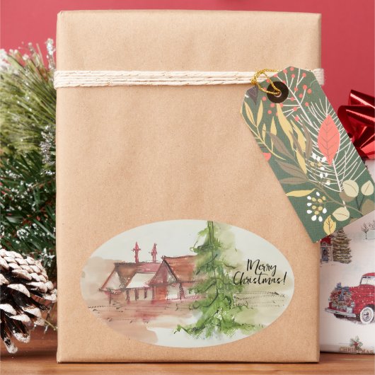 オリジナル水彩画 楕円形シール (クリスマス)