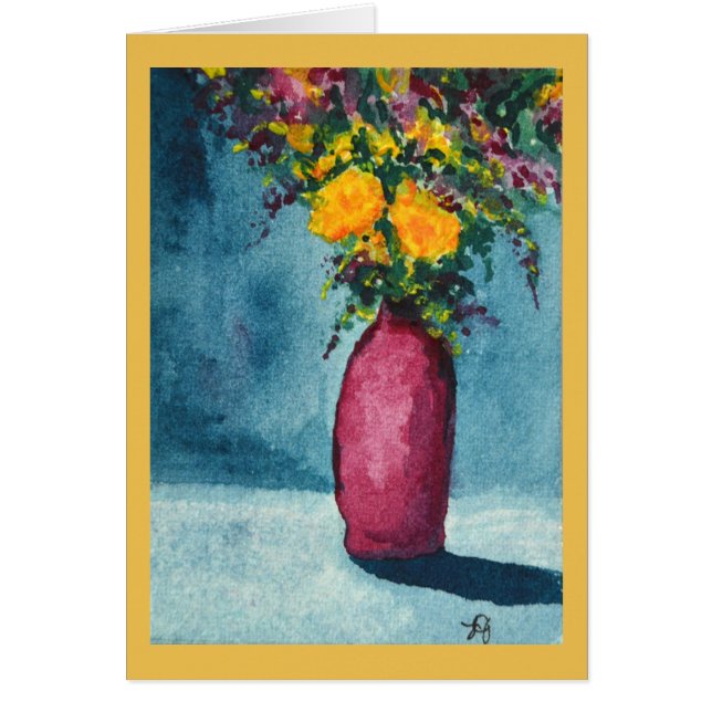 オリジナル水彩紫色の花瓶と黄色の花 (正面)