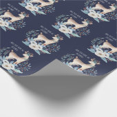 オリジナル水彩鹿と花の冬のブルー ラッピングペーパー (角)