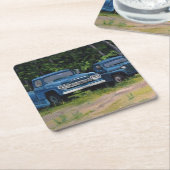 オリジナル油絵2つの青いヴィンテージトラック スクエアペーパーコースター (アングル)