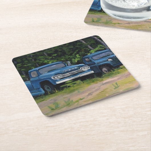 オリジナル油絵2つの青いヴィンテージトラック スクエアペーパーコースター (アングル)