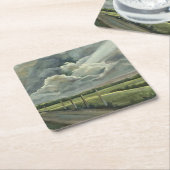 オリジナル油雲、太陽、フィールドと道路の絵画 スクエアペーパーコースター (アングル)