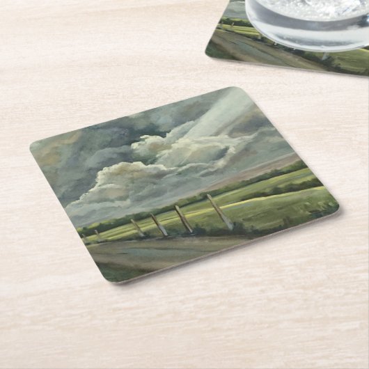 オリジナル油雲、太陽、フィールドと道路の絵画 スクエアペーパーコースター (アングル)