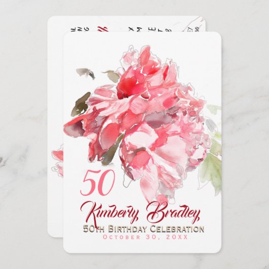 オリジナル牡丹の水色50th誕生日パーティーInv 招待状 (正面/裏面)