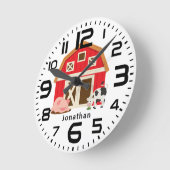オリジナル男の子赤い納屋豚牛 ラウンド壁時計 (傾斜)