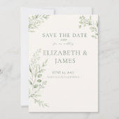 オリジナル結婚式用シージグリーン植物画デザインの事前お知らせカード セーブザデート (正面)