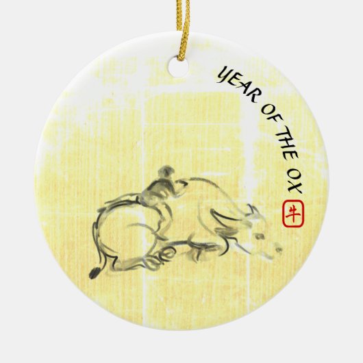 オリジナル絵画の水牛の子牛年CRO セラミックオーナメント (正面)
