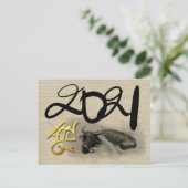 オリジナル絵画 水牛 丑年 新年 ポストカード (スタンド正面)