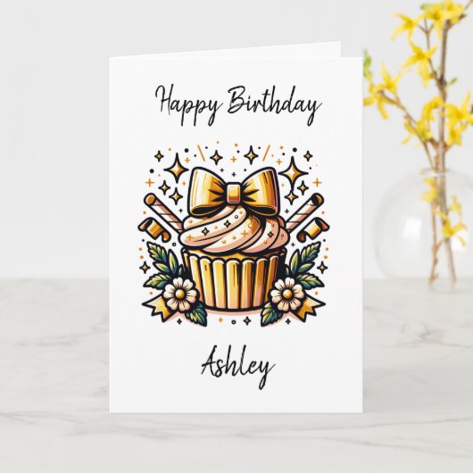 オリジナル誕生日ケーキとぬりえページ カード (黄色い花)