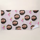 オリジナル顔写真＆コックテール | パーソナライズド ピンク ビーチタオル (正面)