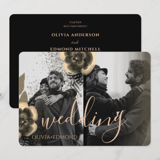 オリジナル2枚の写真 ゴールドの花 フレーム ウェディング 招待状 (正面/裏面)