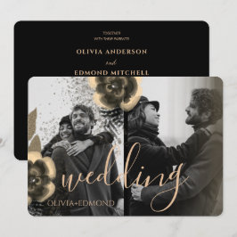 オリジナル2枚の写真 ゴールドの花 フレーム ウェディング 招待状