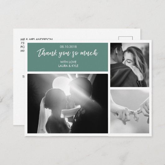 オリジナル3枚写真コラージュ エメラルドグリーン 結婚式 お礼カード ポストカード (正面/裏面)