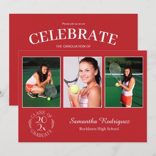 オリジナル3 フォト シック エンブレム 赤 卒業パーティー 招待状 (正面/裏面)