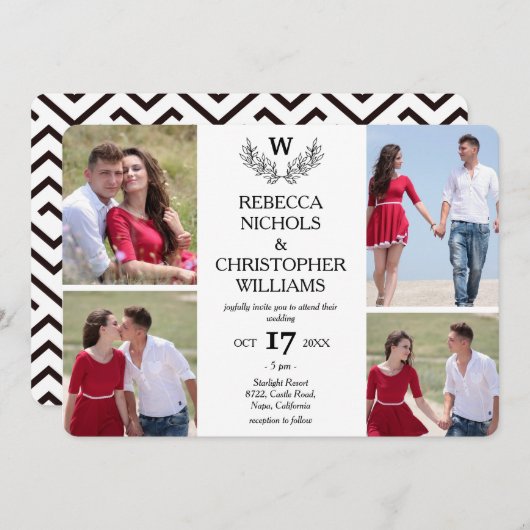 オリジナル4枚写真ラウレルモノグラム ウェディング 招待状 (正面/裏面)