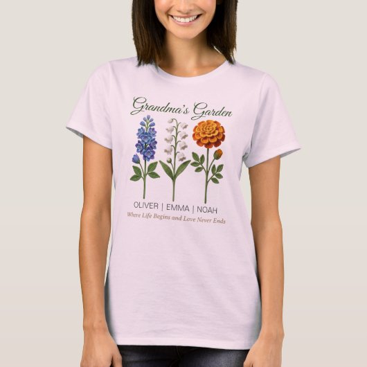 オリジナル おばあちゃんへのプレゼント 手編み 誕生花 Tシャツ (正面)