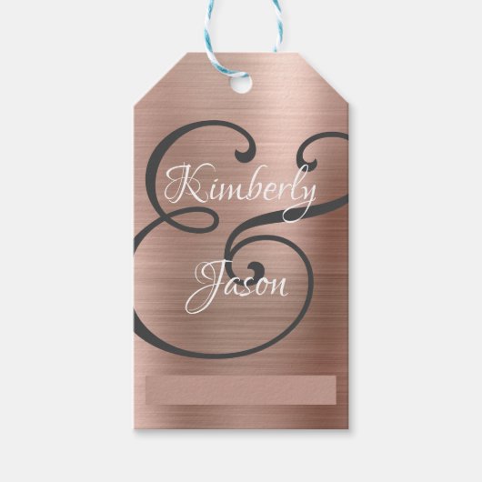 オリジナル お揃い 名前 スクリプト, ホワイト/グレー, ローズゴールド メタル ギフトタグ (正面)