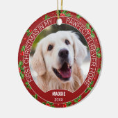 オリジナル かわいい子犬の写真 緑のホリーデコレーション 赤いベリー セラミックオーナメント (左)