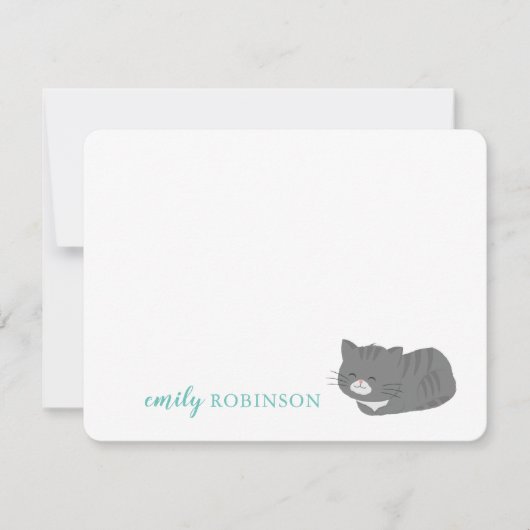オリジナル かわいい グレー猫のグリーティングカード ノートカード (正面)