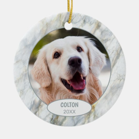 オリジナル かわいい ペット 写真 初めての クリスマス フェイク マーブル セラミックオーナメント (正面)