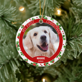 オリジナル かわいい ペット 写真 初めての クリスマス ホリーベリー セラミックオーナメント