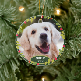 オリジナル かわいい ペット 写真 初めての クリスマス ホリーベリー セラミックオーナメント