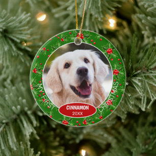 オリジナル かわいい ペット 写真 初めての クリスマス ホリーベリー セラミックオーナメント