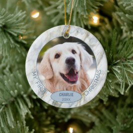 オリジナル かわいい ペット 写真 初めての クリスマス 青い大理石の背景 セラミックオーナメント