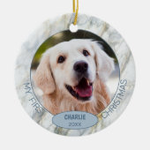 オリジナル かわいい ペット 写真 初めての クリスマス 青い 大理石 セラミックオーナメント (正面)
