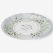 オリジナル ウィンター スノーフレーク グリーン フォリアージ ペーパープレート (アングル)