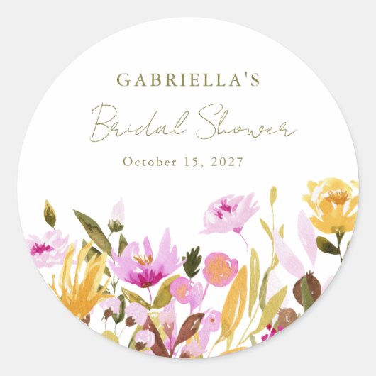 オリジナル オリーブ ピンク 水彩 花 ブライダル シャワー ラウンドシール (正面)