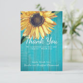 オリジナル カスタム ラスティック ヒマワリ ティール バーンワッド サンキューカード (スタンド正面)