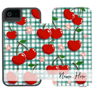 オリジナル グリーン ギンガム チェリー スマホケース - iPhone SE/5/5sウォレットケース