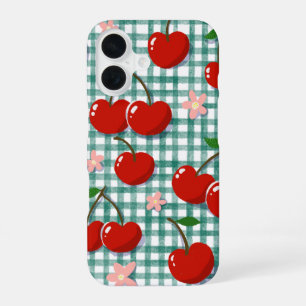 オリジナル グリーン ギンガム チェリー スマホケース - iPhone 16ケース