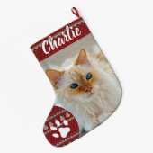 オリジナル シンプル パウ ペット フォト モノグラム 名前 ラージクリスマスストッキング (裏面 (吊り時))