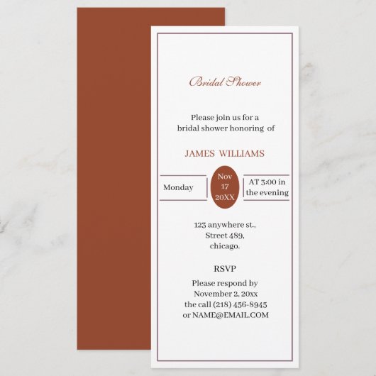 オリジナル シンプル ブラウン ブライダルシャワー 招待状 (正面/裏面)