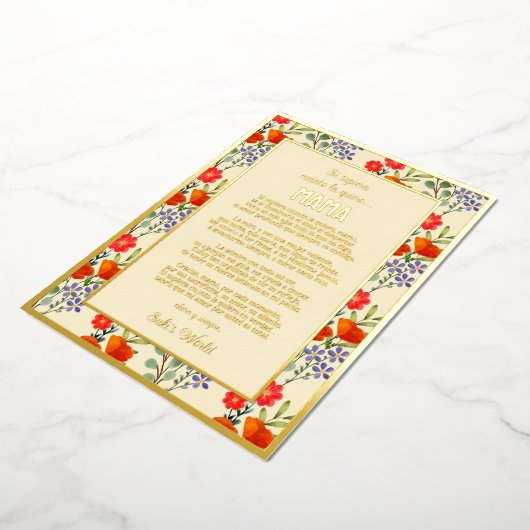 オリジナル スペイン語の詩 母の日カード | 赤い花柄 箔シーズンカード (回転した状態)