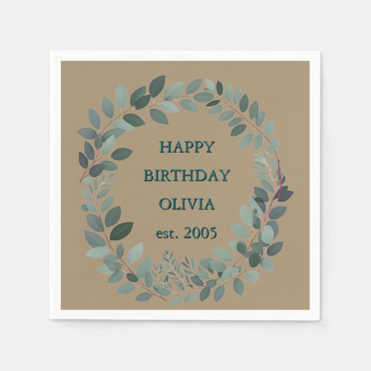 オリジナル テキスト ユーカリ フレーム ナプキン – モカ ブラウン スタンダードカクテルナプキン (正面)