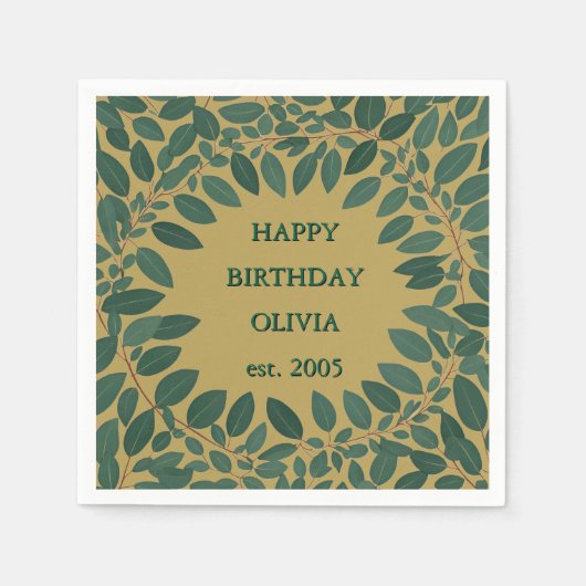 オリジナル テキスト ユーカリ フレーム - マスタードイエロー スタンダードカクテルナプキン (正面)